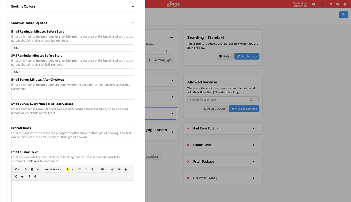 Automated session reminders in Gingr dog training software