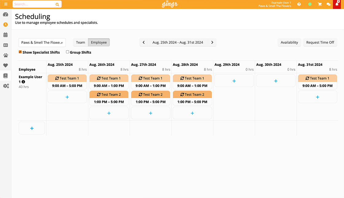Staff scheduling and employee management in Gingr