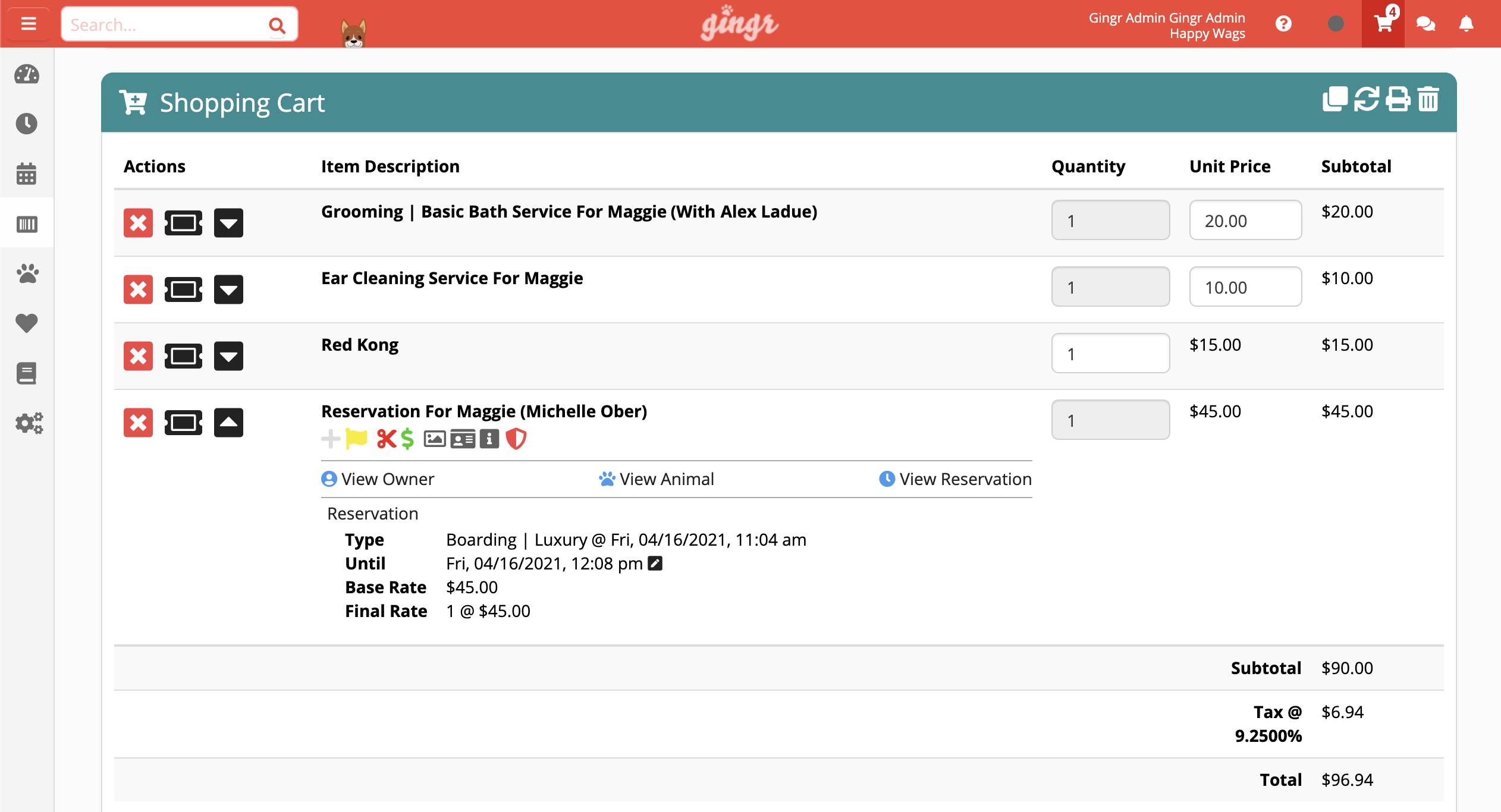 This screenshot of Gingr’s kennel software shows how you can manage reservations, services, and retail operations. 