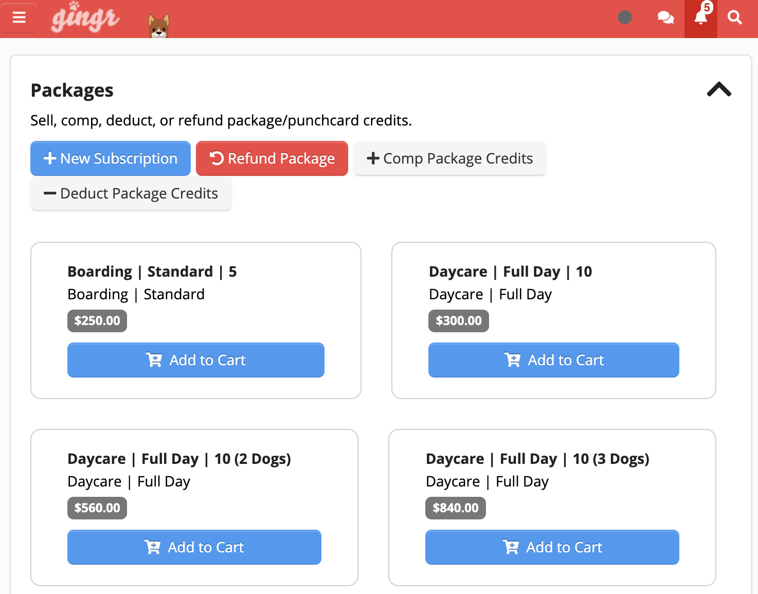 An example of the prepaid package feature included in Gingr’s dog daycare software.