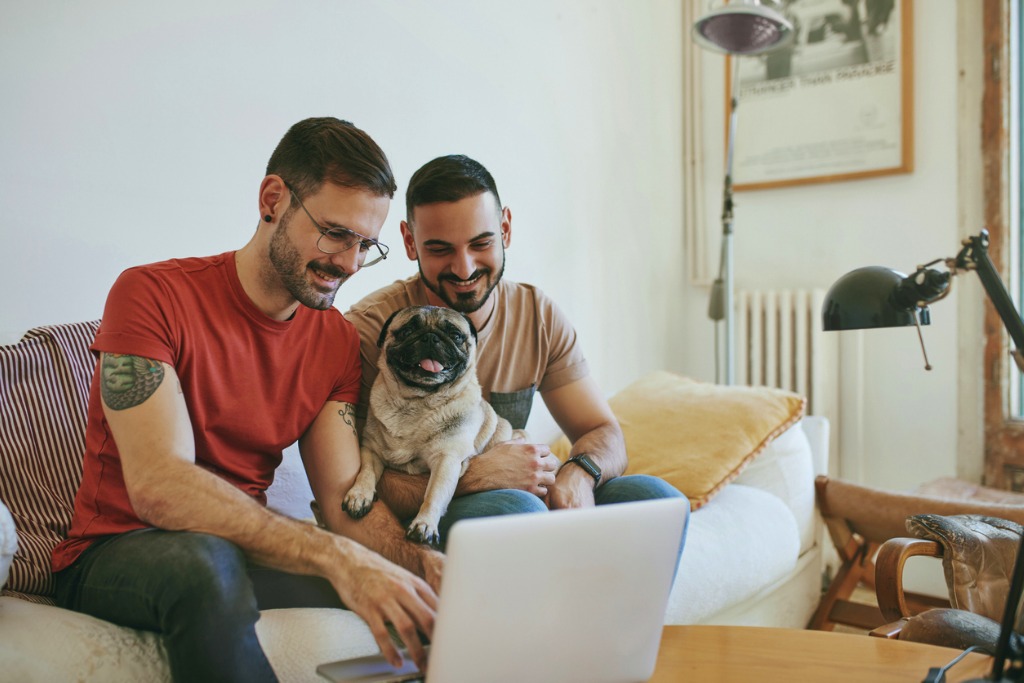 This image of two men holding a dog and a computer represents how easy it is to book an appointment with our dog boarding software. 