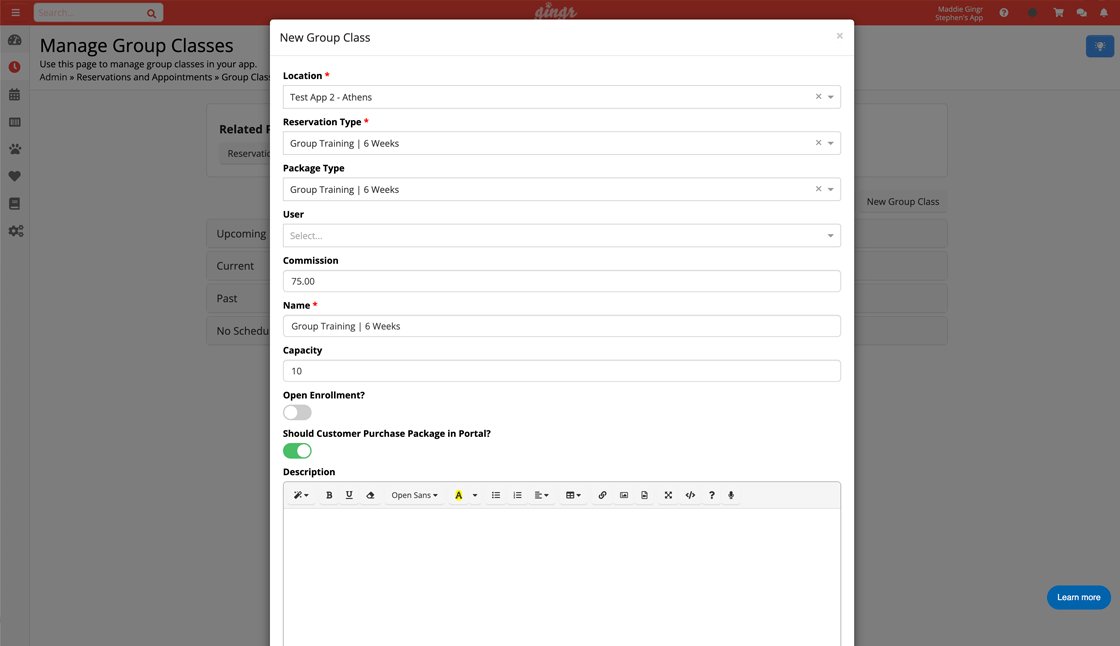 A group training class series set up in Gingr dog training software