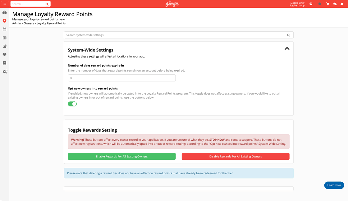 A customer loyalty rewards program in Gingr
