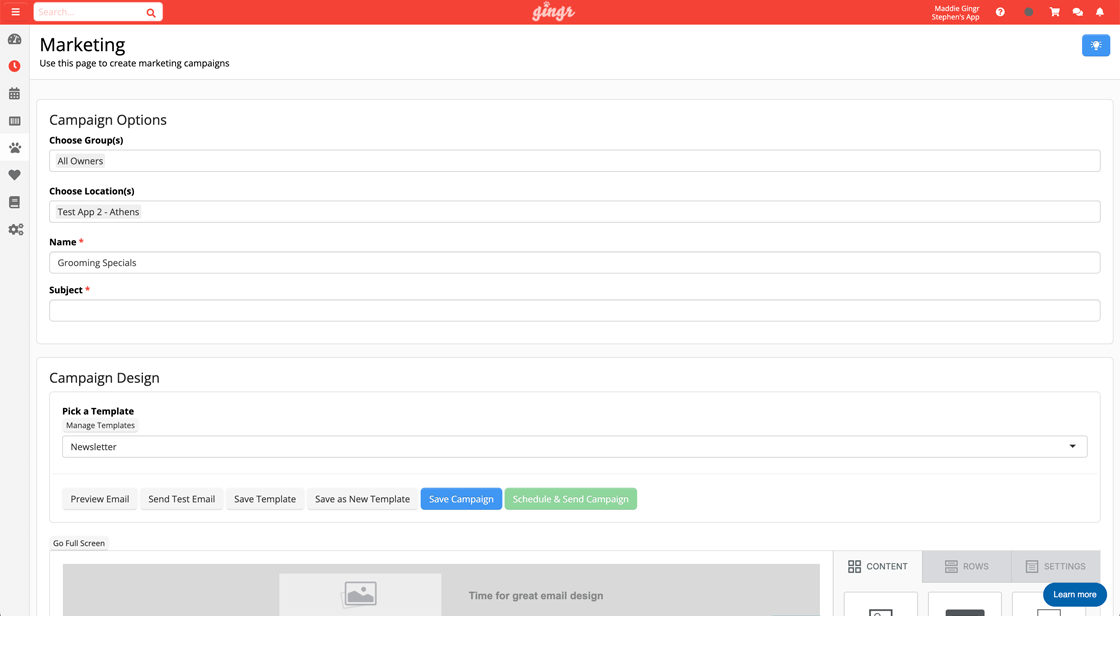 Email and SMS marketing in Gingr multi-location pet-care software