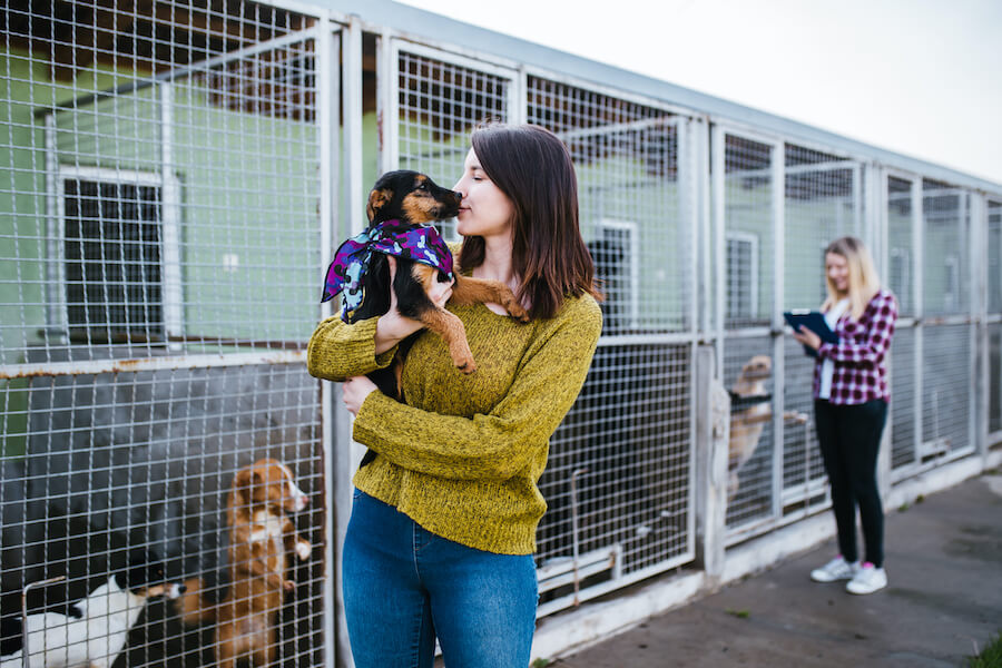 This image of a woman holding a dog in front of a kennel represents the happy faces and wagging tails that our dog boarding software helps to create. 