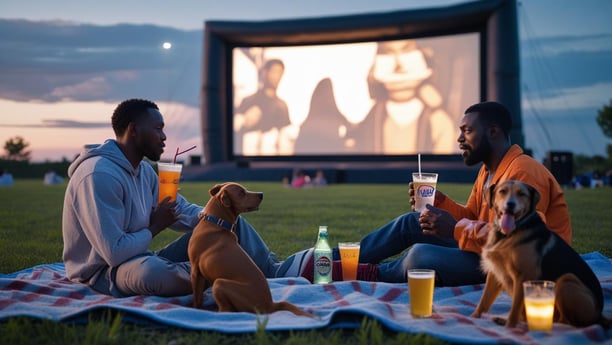 friends watching outdoor movie with dogs and drinks