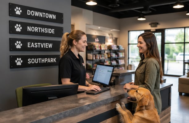 front desk checkin at a multi-location dog daycare business