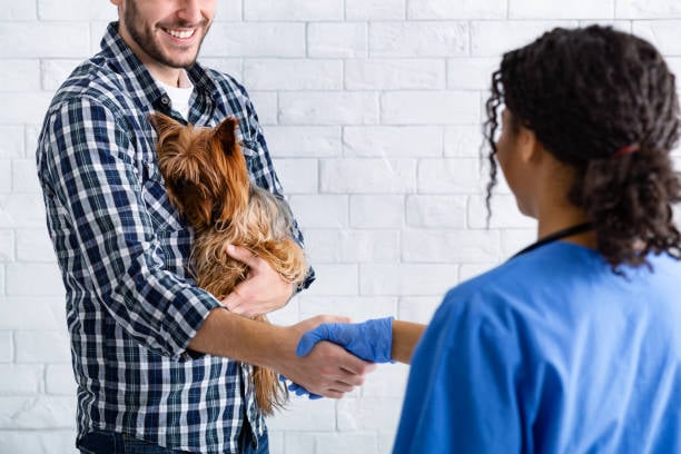 happy customer and animal caregiver shaking hands