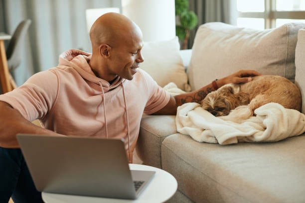 man petting dog while working on laptop