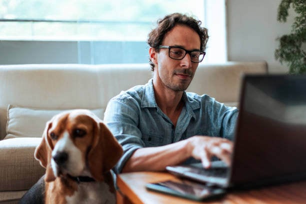 man using AI on computer with dog