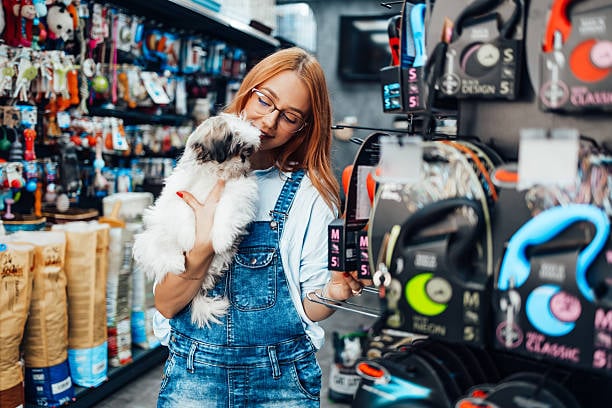 dog parent and groomer shopping for retail pet products with pup
