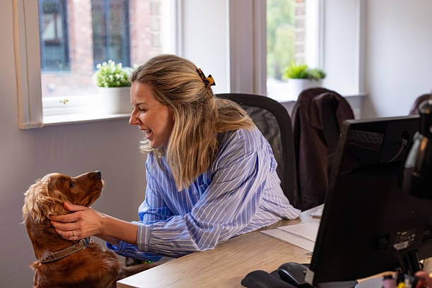 smiling pet professional doting on dog at her desk