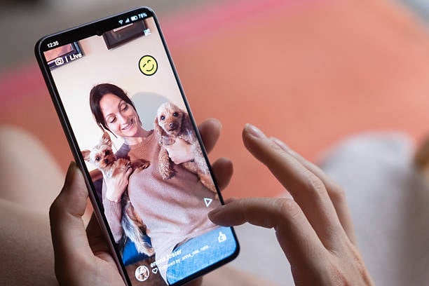 pet-care owner showing off cute dog clients on social media