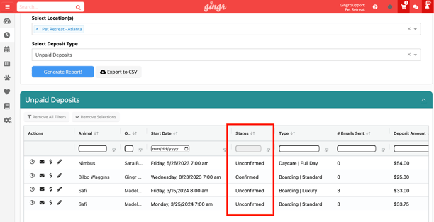 deposits in Gingr pet-care business software