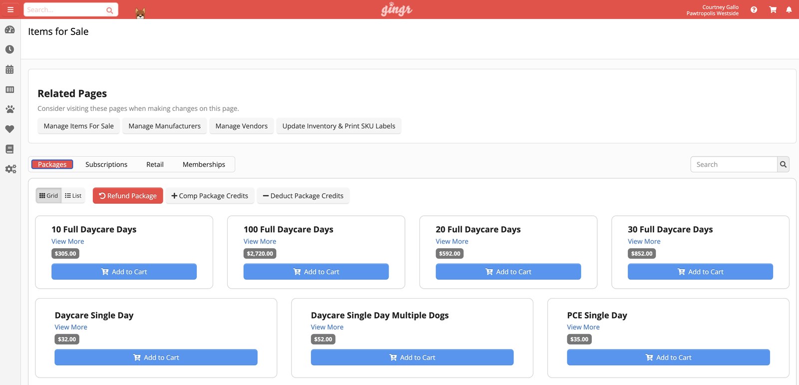Pre-paid packages managed in Gingr dog park and dog bar software