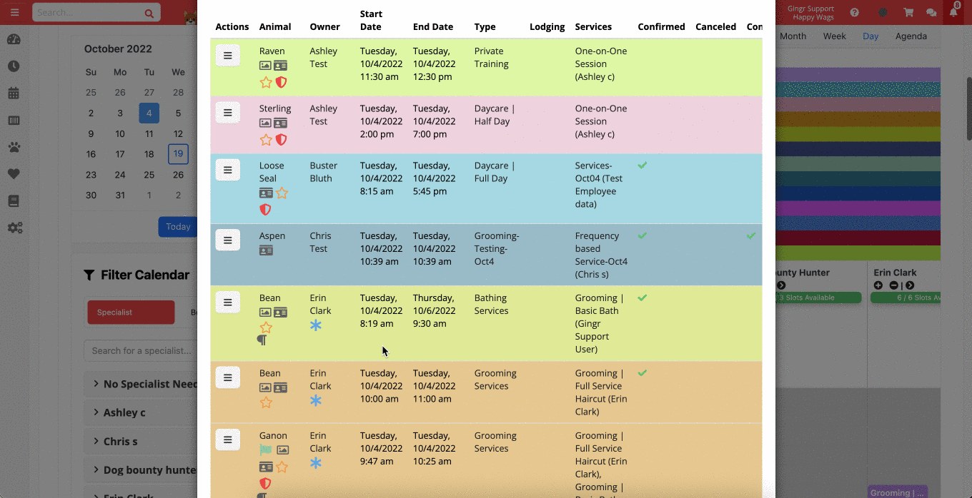 Gingr facility calendar listing reservations with service types, schedules, and owners