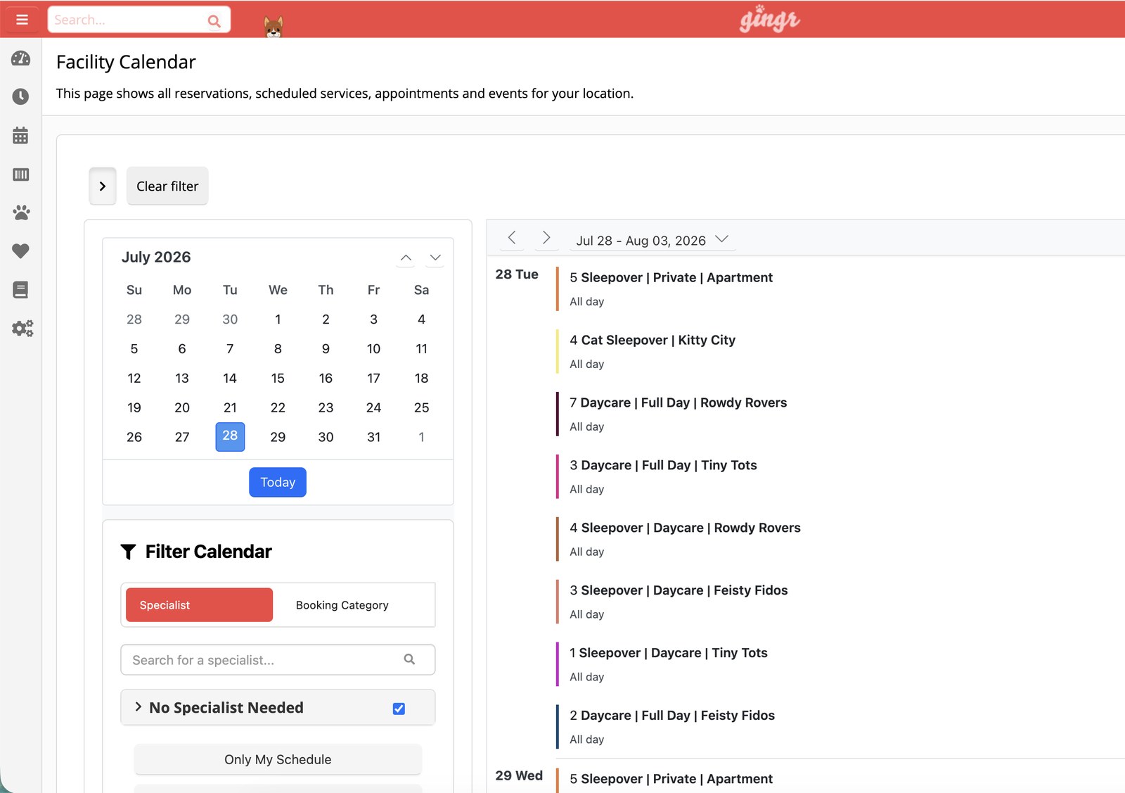 Gingr facility calendar agenda view listing sleepovers and daycare bookings by day