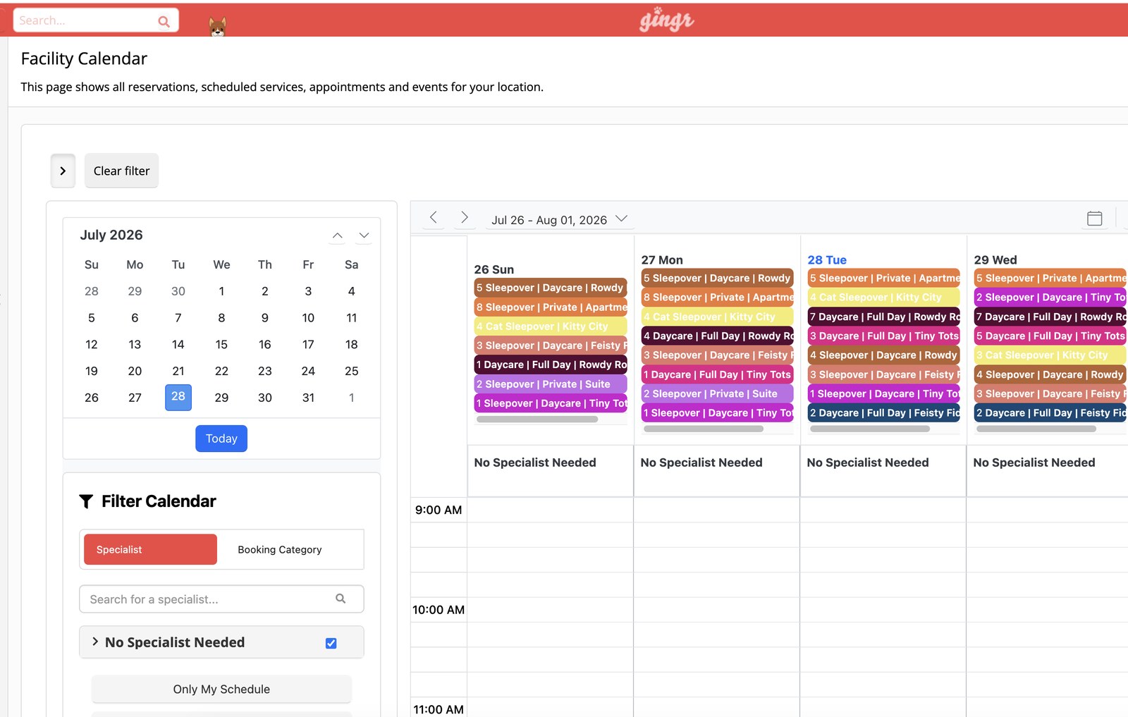 The Gingr facility calendar in week view with color-coded reservations for each booking category