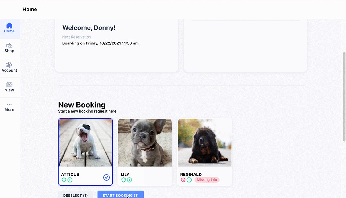 A pet parent requesting a boarding reservation and add-on services in the Gingr online portal