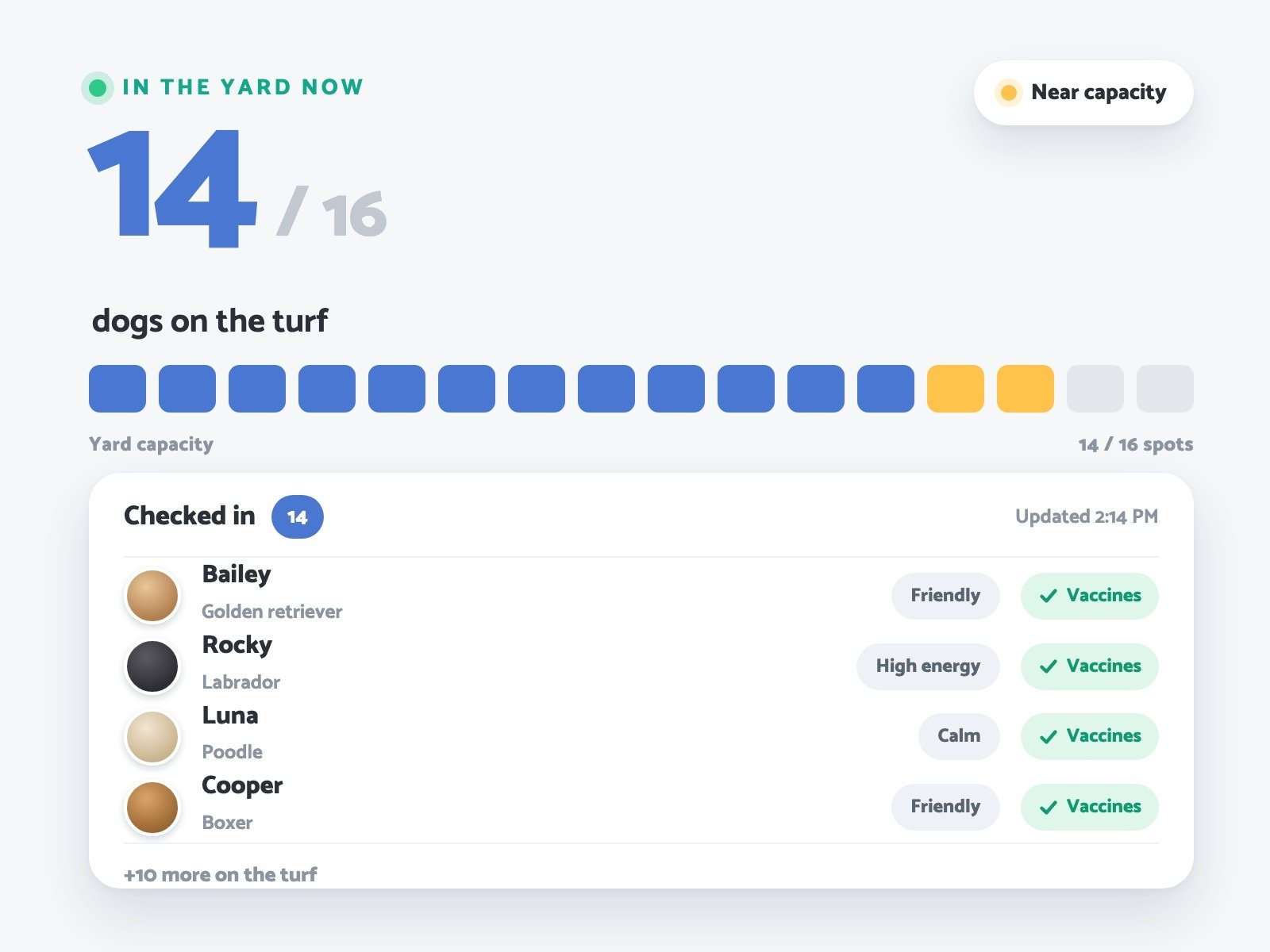 A live yard-capacity readout showing 14 of 16 dogs in the yard near capacity, with the checked-in roster of dogs verified at the gate