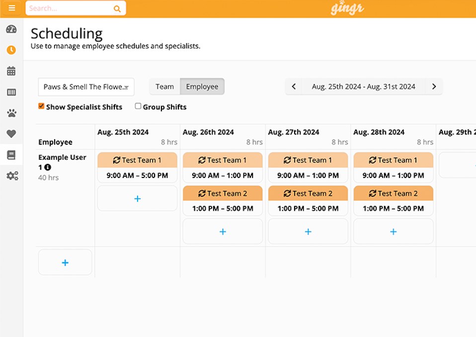 Gingr staff scheduling screen showing employee shifts assigned across teams