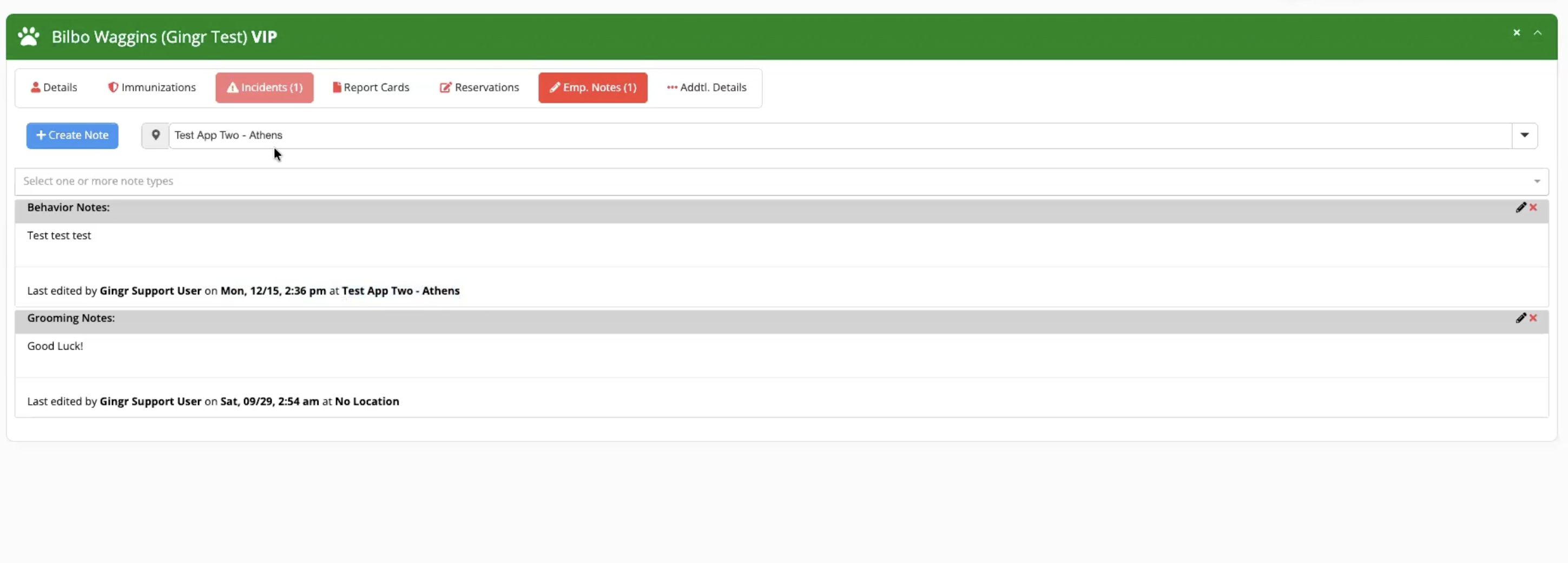 employee notes in Gingr