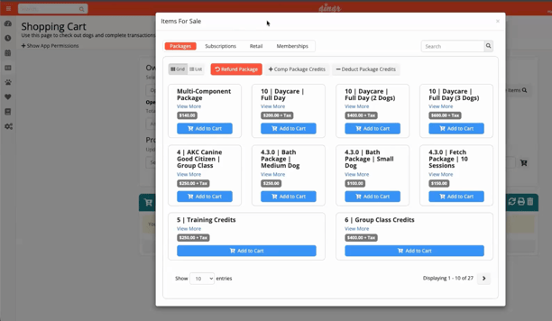 packages for sale in the Gingr pet software system