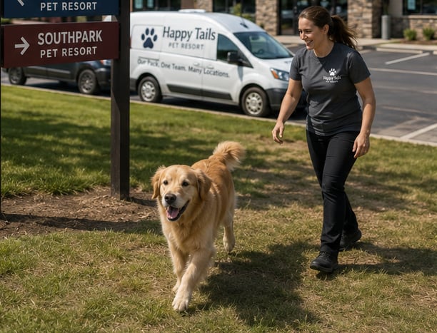pet resort staff and dog outside at multi location business