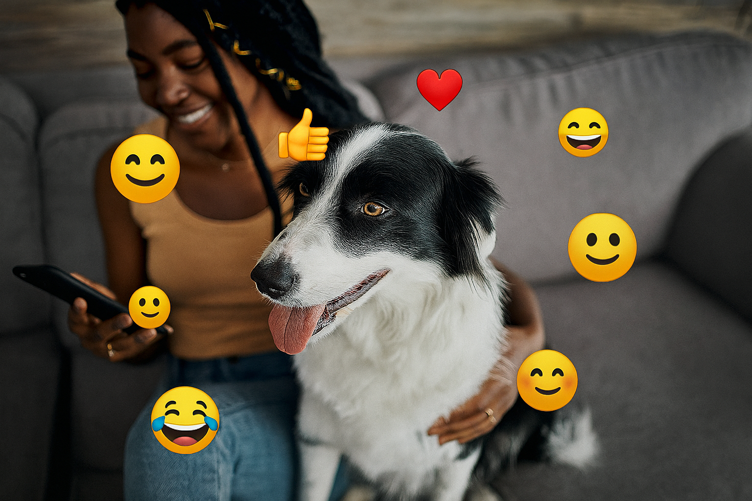 woman and dog sending emojis on phone